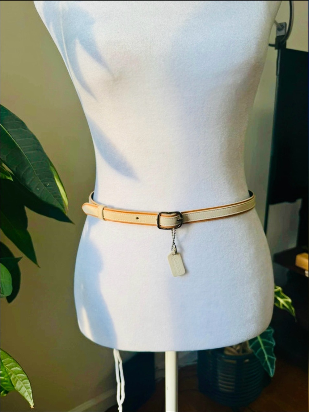 Coach Skinny Leather Belt in Beige with Silver-Tone Buckle and Leather Tag